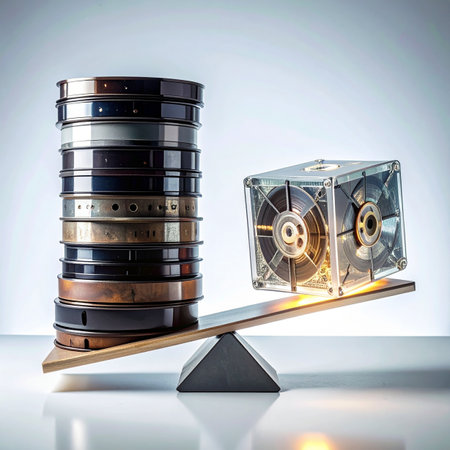 A single, glowing modern data cartridge effortlessly balances a heavy stack of vintage film reels on a scale, visually representing the immense progress in data storage technology.の素材