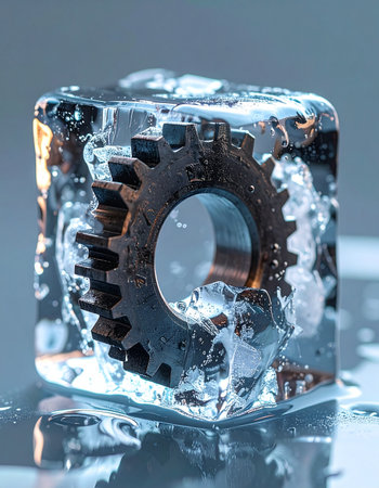 A single industrial gear is perfectly preserved, yet completely immobilized, within a solid block of ice.の素材