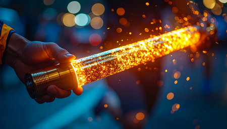 In the vibrant glow of the city at night, a hand wields a futuristic wand, unleashing a torrent of fiery sparks and pure energy.の素材