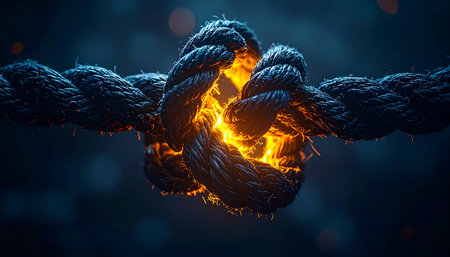 A thick, dark rope is pulled taut, its central knot glowing with an intense, fiery energy.の素材