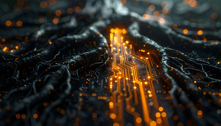 A stream of vibrant orange energy pulses through a complex, organic network, representing the rapid flow of information in a futuristic digital landscape.の素材