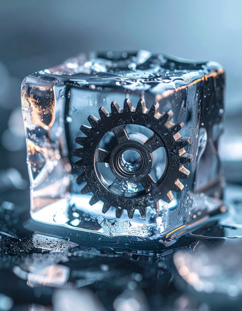 A metal industrial gear is perfectly preserved and suspended within a crystal-clear ice cube, symbolizing a process halted or technology frozen in time.の素材
