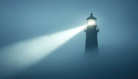 A solitary lighthouse stands firm against the enveloping night fog, its powerful beam cutting through the obscurity.の素材