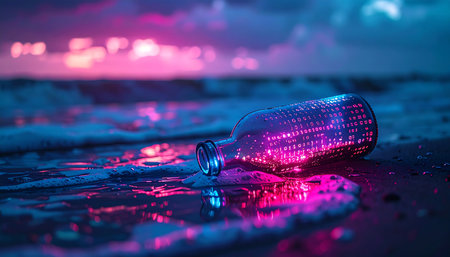 A mysterious glass bottle, glowing with an inner neon pink and blue light, washes ashore on the wet sand at dusk.の素材