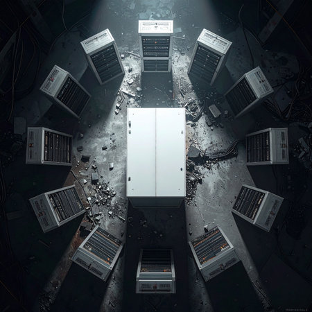 In the heart of a forgotten, gritty chamber, a circle of old servers stands guard around a mysterious, glowing portal.の素材