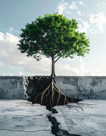 A powerful symbol of resilience and strength, a solitary green tree bursts through a thick layer of cracked concrete.の素材