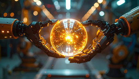 In a high-tech factory of the future, two robotic hands carefully cradle a newly formed sphere of pure energy.の素材