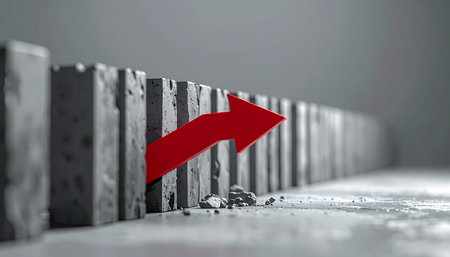 A vibrant red arrow forcefully breaks a monotonous line of grey blocks, symbolizing a powerful disruption of the status quo.の素材
