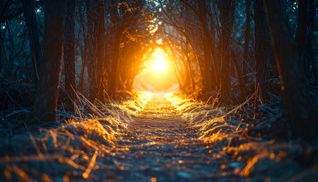 A mysterious path winds through a dark, ancient forest, leading towards a brilliant, warm light.の素材