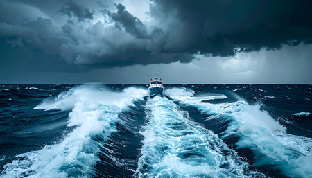 A powerful speedboat cuts through turbulent, choppy waters, leaving a dramatic wake as it races towards the horizon under a dark, ominous storm cloud-filled sky.の素材