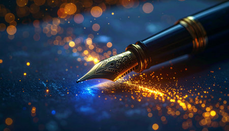 From the nib of a classic fountain pen, a story unfolds not in ink, but in a brilliant trail of glowing light and magical particles.の素材
