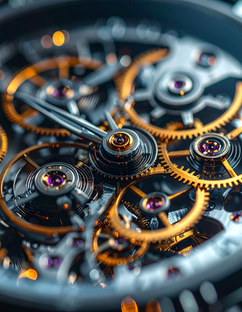 A mesmerizing macro view into the heart of a luxury timepiece, where golden gears and ruby jewels work in perfect harmony.の素材