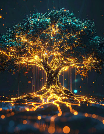 In a cosmic garden, an ancient, mystical tree pulses with golden light, its roots and branches forming a luminous network of energy.の素材