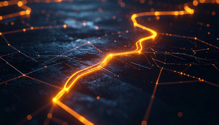 A vibrant stream of luminous energy carves a path through a complex digital network, symbolizing the rapid flow of data and information.の素材