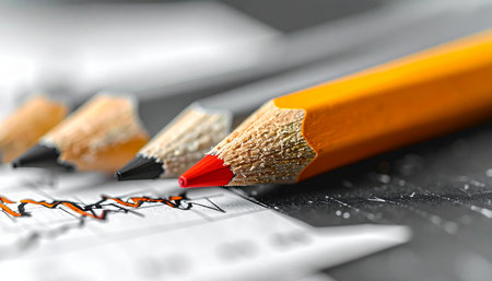 In a world of monochrome ideas, a single red pencil makes its mark, highlighting what's important.の素材