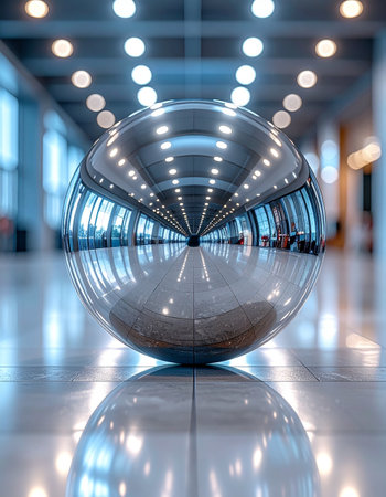 A large, polished chrome sphere sits at the center of a brightly lit, modern corridor, capturing and distorting the surrounding architecture in its reflective surface.の素材