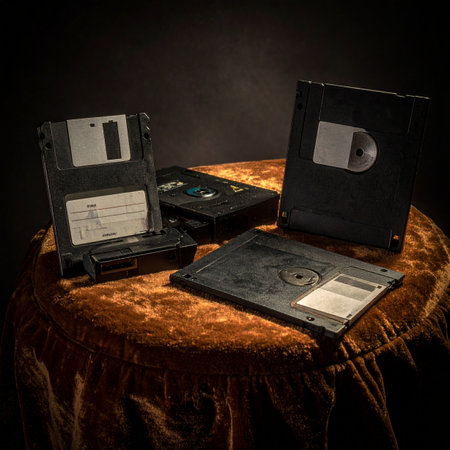 In a dimly lit room, a collection of vintage floppy disks rests on a velvet-covered table, like relics from a bygone digital era.の素材