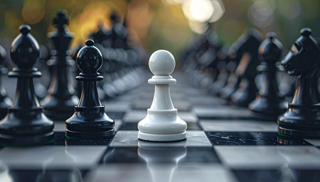 A single white pawn stands resolute on a reflective chessboard, bravely facing the entire opposing black army.の素材