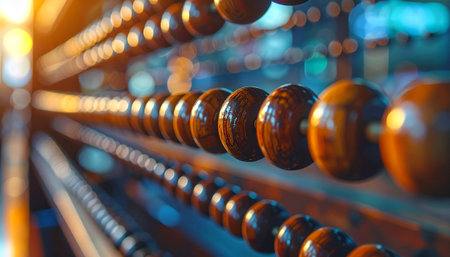 In a warm, golden light, a vintage wooden abacus stands as a testament to timeless methods of calculation.の素材