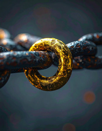 In a sequence of weathered, dark links, one single golden link shines with brilliance and texture.の素材