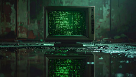 In a forgotten, water-logged basement, an old computer terminal flickers to life, its screen filled with cascading green code.の素材