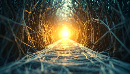 A mysterious pathway, formed by an intricate network of organic structures, leads towards a brilliant, warm light.の素材