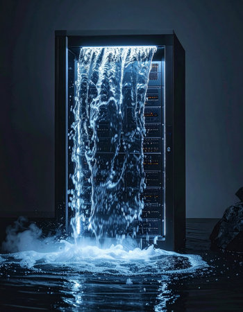 A mysterious open door in a dark room reveals not another space, but a cascading waterfall illuminated by an ethereal blue glow.の素材