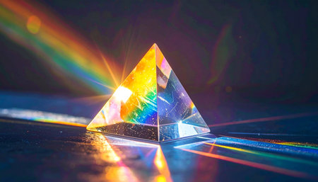 A single beam of pure white light enters a crystal prism, revealing its hidden secrets as it refracts into a brilliant spectrum of rainbow colors.の素材