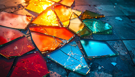 Fragments of a vibrant past lie scattered, yet a warm, resilient light glows from within the broken pieces.の素材