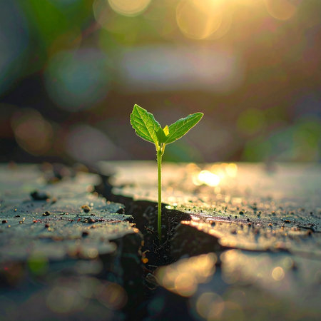 Against all odds, a tiny seedling pushes through a crack in the dry earth, reaching for the warm, golden sunlight.の素材