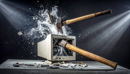 In a dramatic burst of catharsis, two hammers crash into an obsolete computer monitor, shattering the screen into a million pieces.の素材