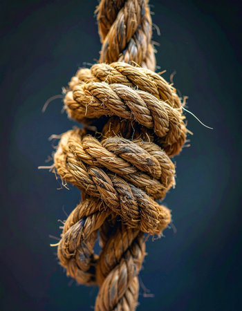 A close-up view of a thick, weathered rope tied in an intricate knot, symbolizing the powerful bond of unity and the complexity of a challenge.の素材