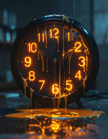 In a dimly lit space, a classic clock succumbs to an unseen force, its form dissolving into a pool of liquid light.の素材