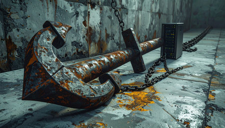 A massive, rust-covered anchor lies forgotten on the wet, stained floor of a derelict chamber.の素材