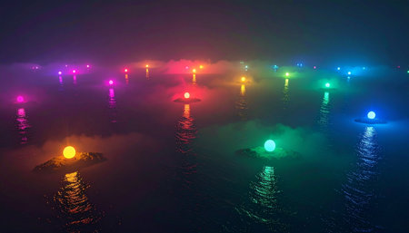 A mesmerizing display of vibrant, colorful lights floats serenely on the surface of dark water, their glow piercing through a thick, mysterious night fog.の素材