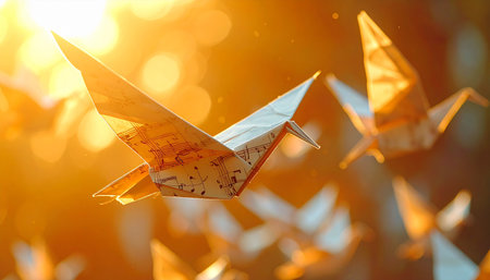 A flock of delicate origami paper cranes catches the last rays of a golden sunset, soaring through a warm, dreamlike light.の素材