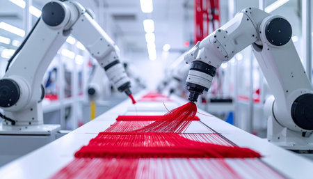 In a brightly lit, state-of-the-art facility, two robotic arms work in perfect synchrony.の素材