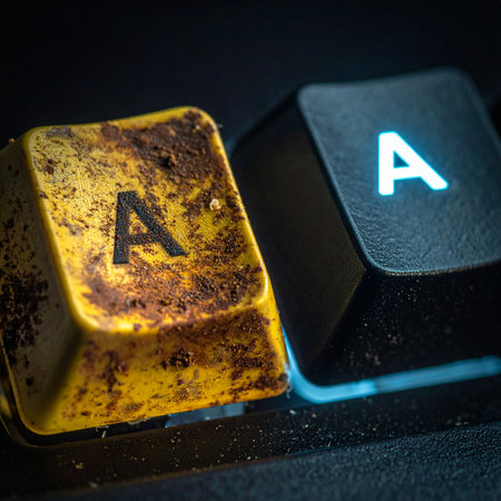A striking side-by-side comparison of two keyboard keys. One, a relic of the past, is yellowed, rusty, and worn from years of use.の素材