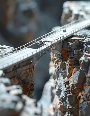 A detailed miniature model captures the drama of a modern bridge spanning a deep, rocky canyon.の素材