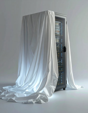A white silk sheet is pulled back from a server rack, hinting at a major technological launch or system upgrade.の素材