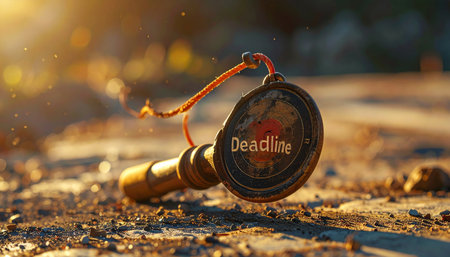 As the golden sun sets, its last rays catch an old magnifying glass lying on the dusty ground.の素材