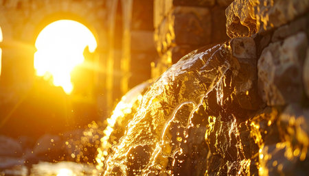 Golden light from the setting sun catches the surface of a stone fountain, making the cascading water glisten and sparkle.の素材