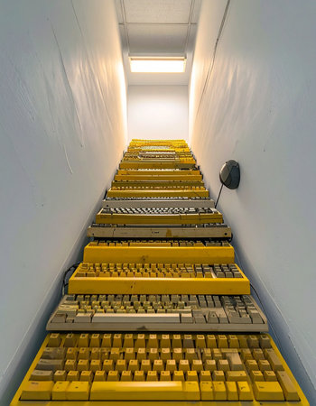A surreal perspective looking up a narrow staircase constructed entirely from vintage and retro computer keyboards.の素材
