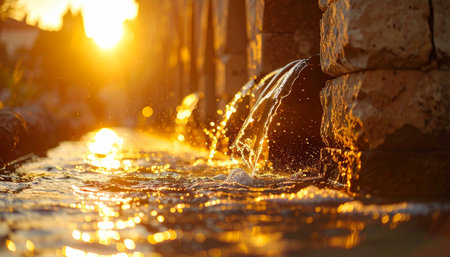 As the day ends, the warm, golden light of the setting sun catches the gentle cascade of a stone fountain.の素材