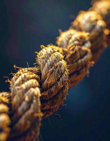Every fiber of this weathered rope tells a story of strain and resilience. A powerful symbol of connection, strength, and the enduring bonds that hold things together against the odds.の素材