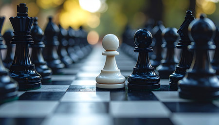 A single white pawn stands resolute on the checkered battlefield, making the courageous first move.の素材
