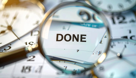 A magnifying glass focuses on the word 'DONE' on a calendar, symbolizing the successful completion of a project.の素材