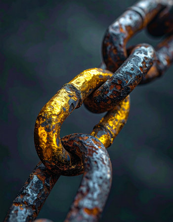 A single golden link shines with resilience amidst a weathered and rusty chain.の素材