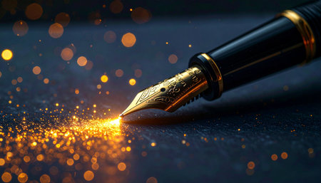 A classic fountain pen touches a dark surface, not with ink, but with a brilliant burst of golden sparks.の素材