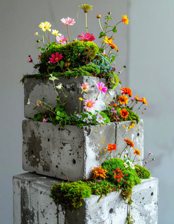 In a striking display of nature's perseverance, vibrant wildflowers and lush green moss sprout from the cracks of weathered concrete blocks.の素材